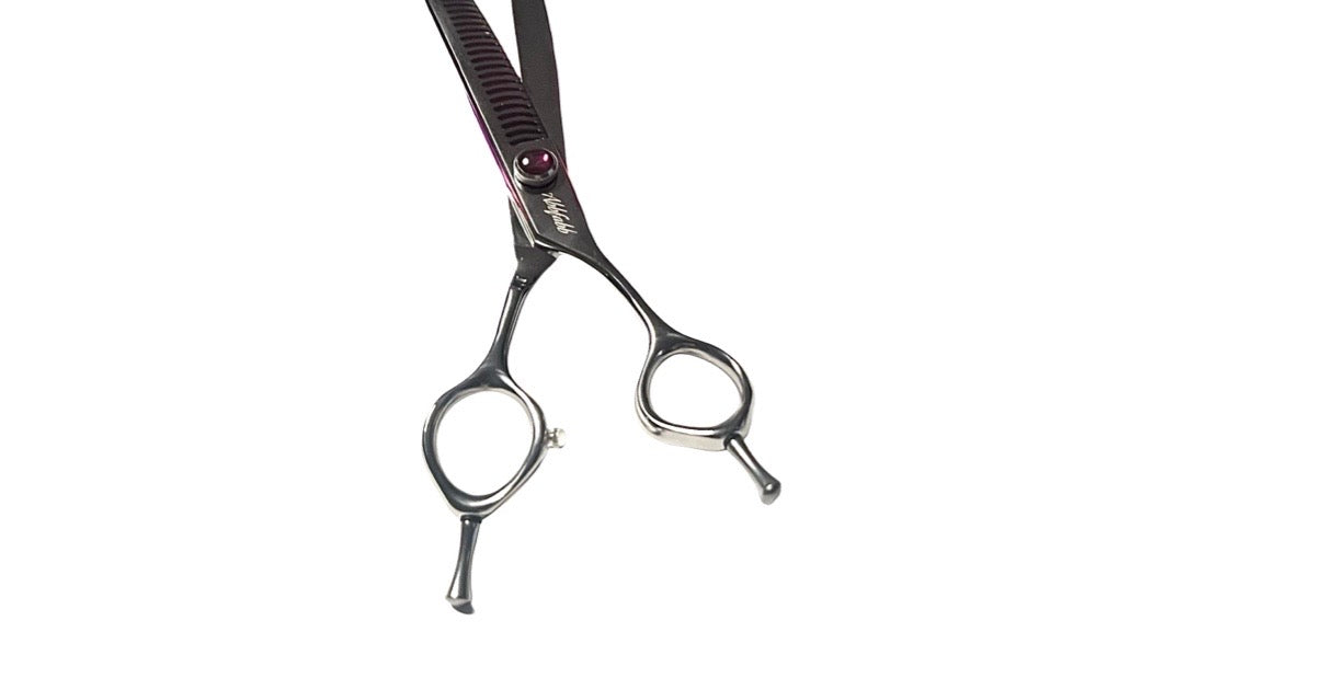 Abbfabb’s 7.5" Reversible Curved Texturising Dog Grooming Scissor. Flippable 7.5" Curved Chunker with offset finger holes. flips curved chunker- flip curved shears. Flip curved grooming shears 